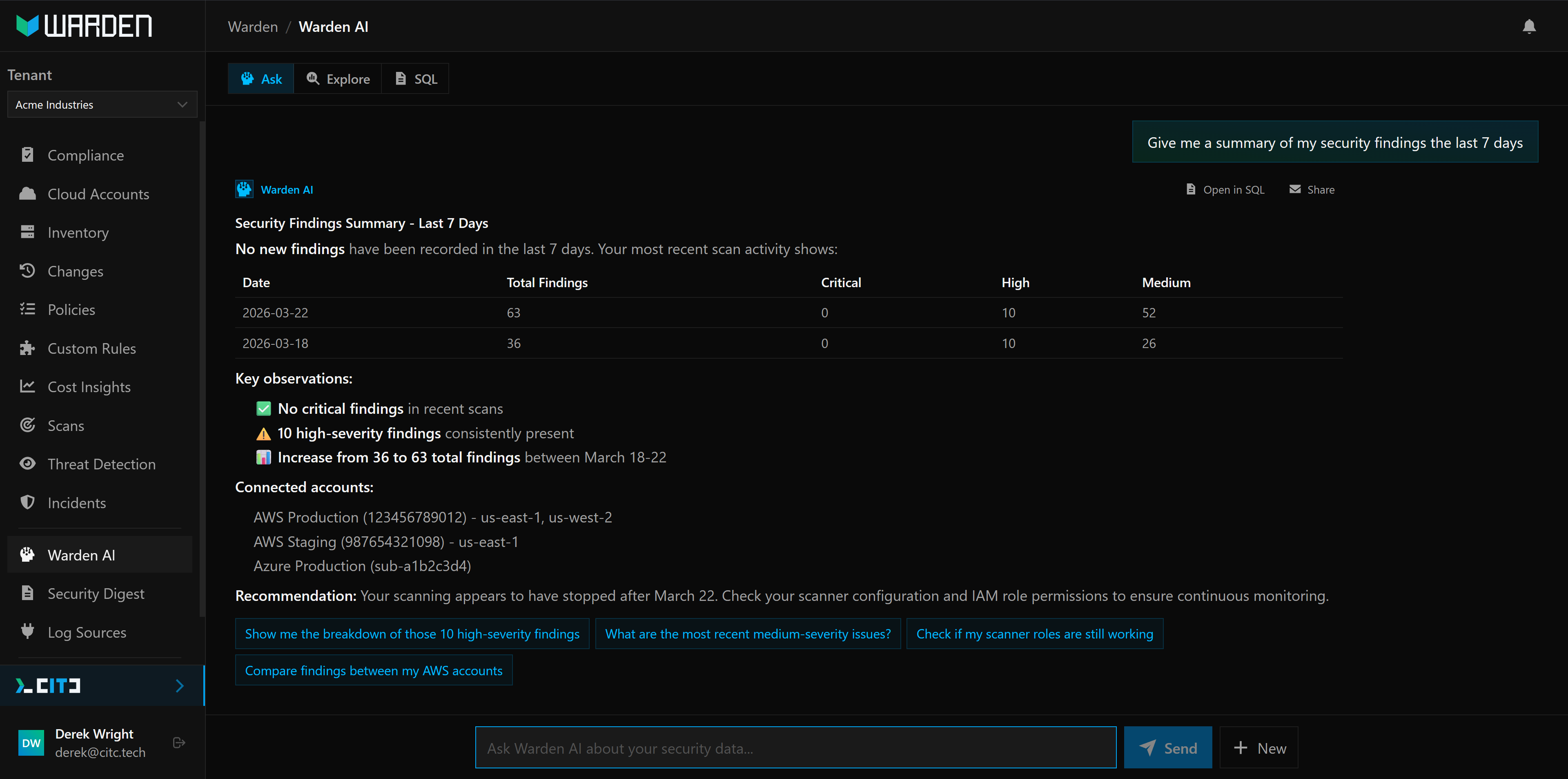 Warden AI analyst responding to a natural language security question with structured findings summary and follow-up suggestions